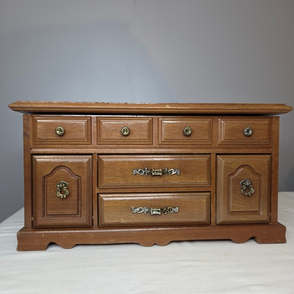Vtg Sankyo Wooden Musical Jewelry Box Chest Faux Drawer Design Brown Yellow READ